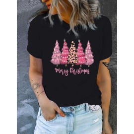 Christmas Tree Print Casual T-Shirt, Round Neck Short Sleeves Mid-Stretch Sports Tee, Women's Activewear