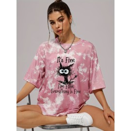 Tie Dye Funny Cat Pattern Casual Sports T-shirts, Round Neck Short Sleeves, Women's Clothing