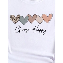 Heart & Letter Print Casual T-Shirt, Round Neck Short Sleeves Mid-Stretch Sports Tee, Women's Activewear