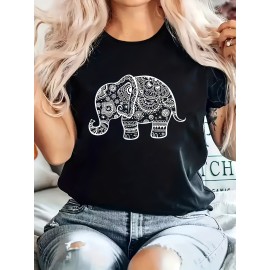 Elephant Graphic Casual Sports T-shirt, Short Sleeves Comfortable Workout Top, Women's Activewear