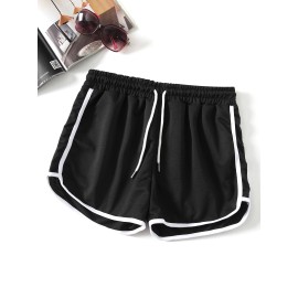 Contrast Binding Casual Sports Shorts, Drawstring Running Loose Shorts, Women's Activewear