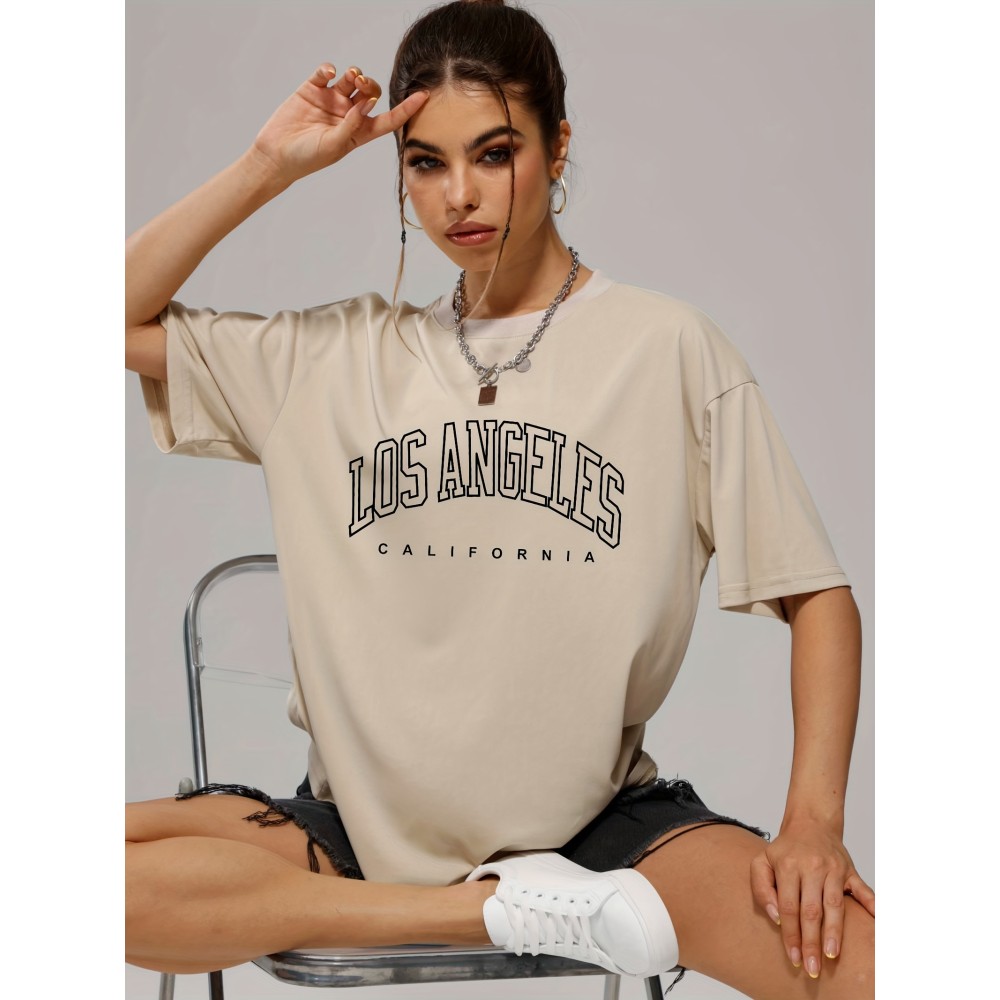 Solid Color Letter Print Casual Sports T Shirt, Soft Crew Neck Short Sleeve Tee, Women's Clothing