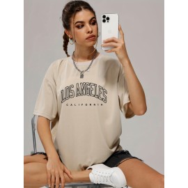 Solid Color Letter Print Casual Sports T Shirt, Soft Crew Neck Short Sleeve Tee, Women's Clothing