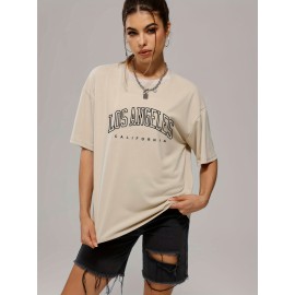 Solid Color Letter Print Casual Sports T Shirt, Soft Crew Neck Short Sleeve Tee, Women's Clothing