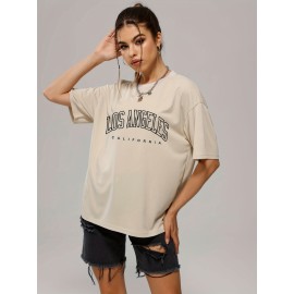 Solid Color Letter Print Casual Sports T Shirt, Soft Crew Neck Short Sleeve Tee, Women's Clothing