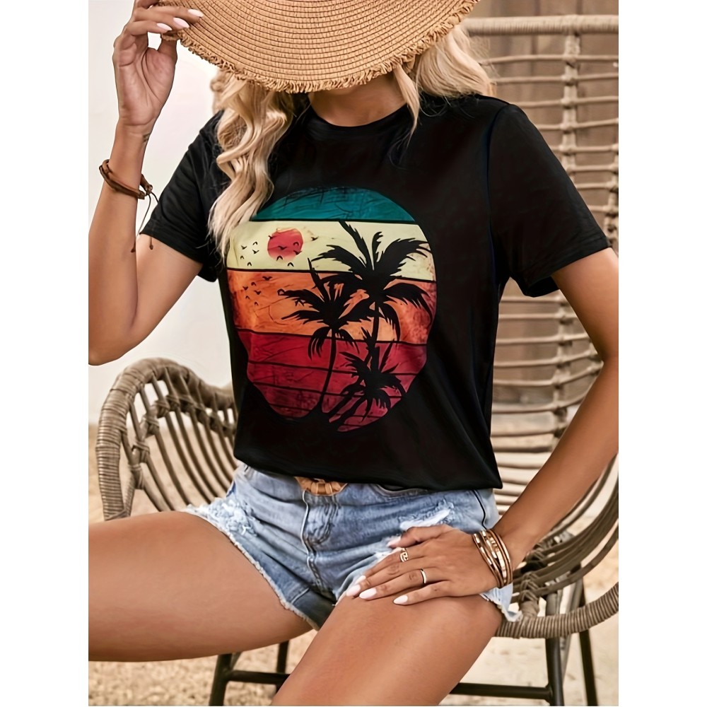 Coconut Tree And Sun Graphic Round Neck Sports T-shirt, Comfortable Soft Short Sleeves Causal Workout Tops, Women's Activewear