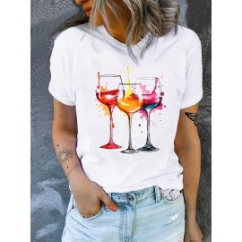 Cup & Splatter Print Casual T-Shirt, Round Neck Short Sleeves Mid-Stretch Sports Tee, Women's Activewear