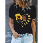 Sunflower & Butterfly Print Casual T-Shirt, Round Neck Short Sleeves Mid-Stretch Sports Tee, Women's Activewear