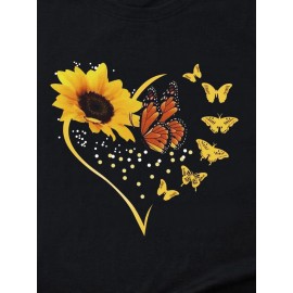 Sunflower & Butterfly Print Casual T-Shirt, Round Neck Short Sleeves Mid-Stretch Sports Tee, Women's Activewear