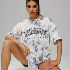 Tie Dye & Letter Graphic Tee - Casual Loose Crew Neck T-shirt for Women