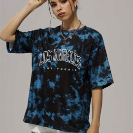 Tie Dye & Letter Graphic Tee - Casual Loose Crew Neck T-shirt for Women