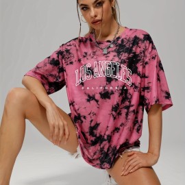 Tie Dye & Letter Graphic Tee - Casual Loose Crew Neck T-shirt for Women