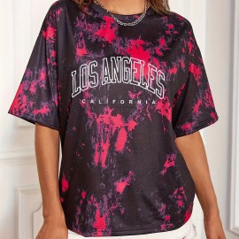 Tie Dye & Letter Graphic Tee - Casual Loose Crew Neck T-shirt for Women