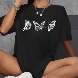 Butterfly Print Casual T-Shirt for Women - Short Sleeve Round Neck Sports Tee with Slight Stretch