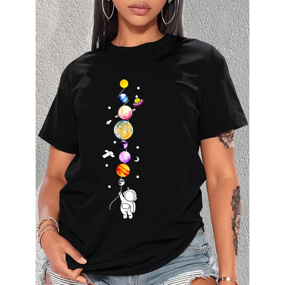 Spaceman Universe Print Causal Sports T-shirt, Short Sleeves Crew Neck Fashion Workout Tops, Women's Activewear