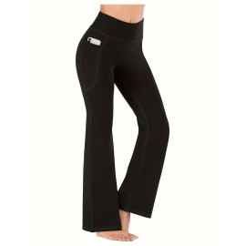 High Stretchy Soft Solid Sports Flare Pants with Butt Lifting and Pocket for Women's Activewear