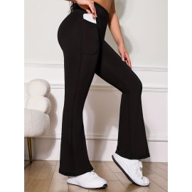 High Stretchy Soft Solid Sports Flare Pants with Butt Lifting and Pocket for Women's Activewear