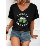 Leaf & Letter Pattern Casual T-Shirt, Round Neck Short Sleeves Stretchy Sports Tee, St. Patrick's Day Women's Clothing