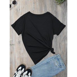 Leaf & Letter Pattern Casual T-Shirt, Round Neck Short Sleeves Stretchy Sports Tee, St. Patrick's Day Women's Clothing