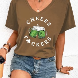 Leaf & Letter Pattern Casual T-Shirt, Round Neck Short Sleeves Stretchy Sports Tee, St. Patrick's Day Women's Clothing