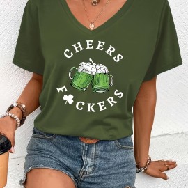 Leaf & Letter Pattern Casual T-Shirt, Round Neck Short Sleeves Stretchy Sports Tee, St. Patrick's Day Women's Clothing