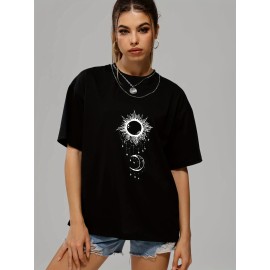 Women's Sun & Moon Print Casual Short Sleeve T-shirt - Fashionable O-neck Summer Top with Slight Stretch