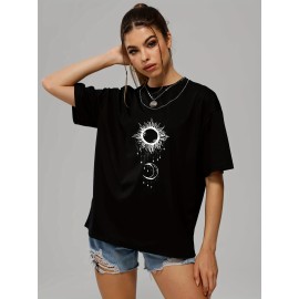 Women's Sun & Moon Print Casual Short Sleeve T-shirt - Fashionable O-neck Summer Top with Slight Stretch