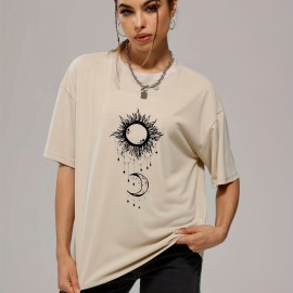 Women's Sun & Moon Print Casual Short Sleeve T-shirt - Fashionable O-neck Summer Top with Slight Stretch