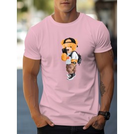 Men's Casual Street Style Stretch Round Neck Tee Shirt with Toy Bear Print for Summer