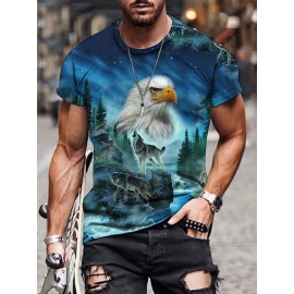 Men's Novelty Wolf & Bird 3d Print Round Neck T-Shirt, Mens Clothing