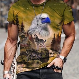 Men's Novelty Wolf & Bird 3d Print Round Neck T-Shirt, Mens Clothing