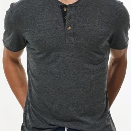 Men's Slim Fit Short Sleeve Henley Tee with Chest Pocket - Casual Button Down T-Shirt