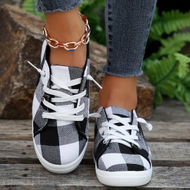 Lightweight Plaid Canvas Sneakers for Women - Comfortable Slip-On Low Tops for Casual Wear