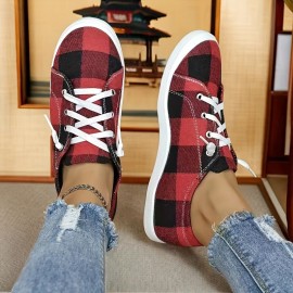 Lightweight Plaid Canvas Sneakers for Women - Comfortable Slip-On Low Tops for Casual Wear