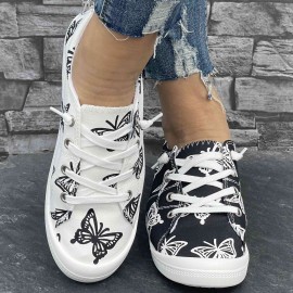 Women's Canvas Sneakers, Fashion Casual Low-Top Shoes, Butterfly Print Comfortable Flat Sports Footwear