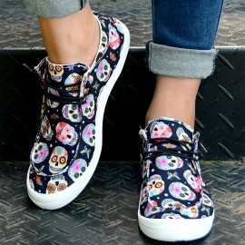 Comfortable Women's Colorful Skull Print Canvas Slip-On Shoes for Halloween and Casual Wear