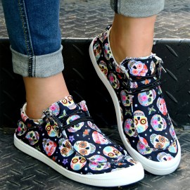 Comfortable Women's Colorful Skull Print Canvas Slip-On Shoes for Halloween and Casual Wear