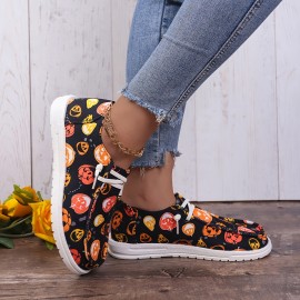 Women's Pumpkin Printed Canvas Shoes, Casual Halloween Slip On Flats, Lightweight Low Top Sneakers