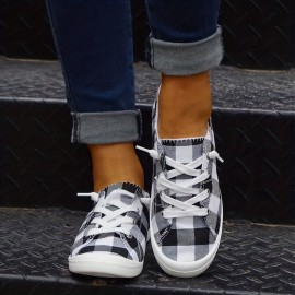 Lightweight Plaid Canvas Sneakers for Women - Casual Lace Up Low Tops with Comfortable Fit