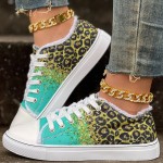 Women's Leopard Print Canvas Shoes - Casual Glitter Sequins Lace Up Sneakers