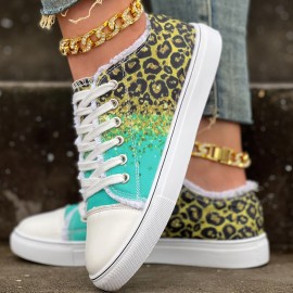 Women's Leopard Print Canvas Shoes - Casual Glitter Sequins Lace Up Sneakers