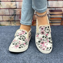 Women's Flower & Skull Print Canvas Shoes, Casual Slip On Outdoor Shoes, Lightweight Low Top Shoes