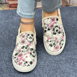 Women's Flower & Skull Print Canvas Shoes, Casual Slip On Outdoor Shoes, Lightweight Low Top Shoes