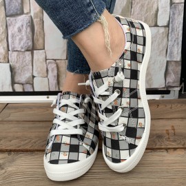 Women's Plaid Pattern Canvas Shoes, Casual Lace Up Outdoor Shoes, Lightweight Low Top Sneakers