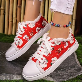 Women's Christmas Print Canvas Shoes, Casual Lace Up Outdoor Shoes, Lightweight Low Top Sneakers