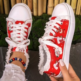 Women's Christmas Print Canvas Shoes, Casual Lace Up Outdoor Shoes, Lightweight Low Top Sneakers