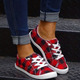 Lightweight Plaid Canvas Sneakers for Women - Casual Lace Up Outdoor Shoes with Low Top Design