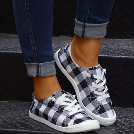 Lightweight Plaid Canvas Sneakers for Women - Casual Lace Up Outdoor Shoes with Low Top Design