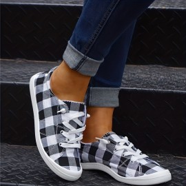 Lightweight Plaid Canvas Sneakers for Women - Casual Lace Up Outdoor Shoes with Low Top Design