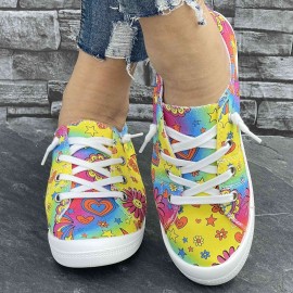 Women's Colorful Star And Flower Print Sneakers, Casual Canvas Slip On Lightweight Walking Shoes, Versatile Footwear With Campus Style